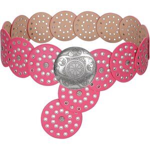 Women's Vintage Leather Western Disc Waist Belts Belt Rose Red Silver Buckle